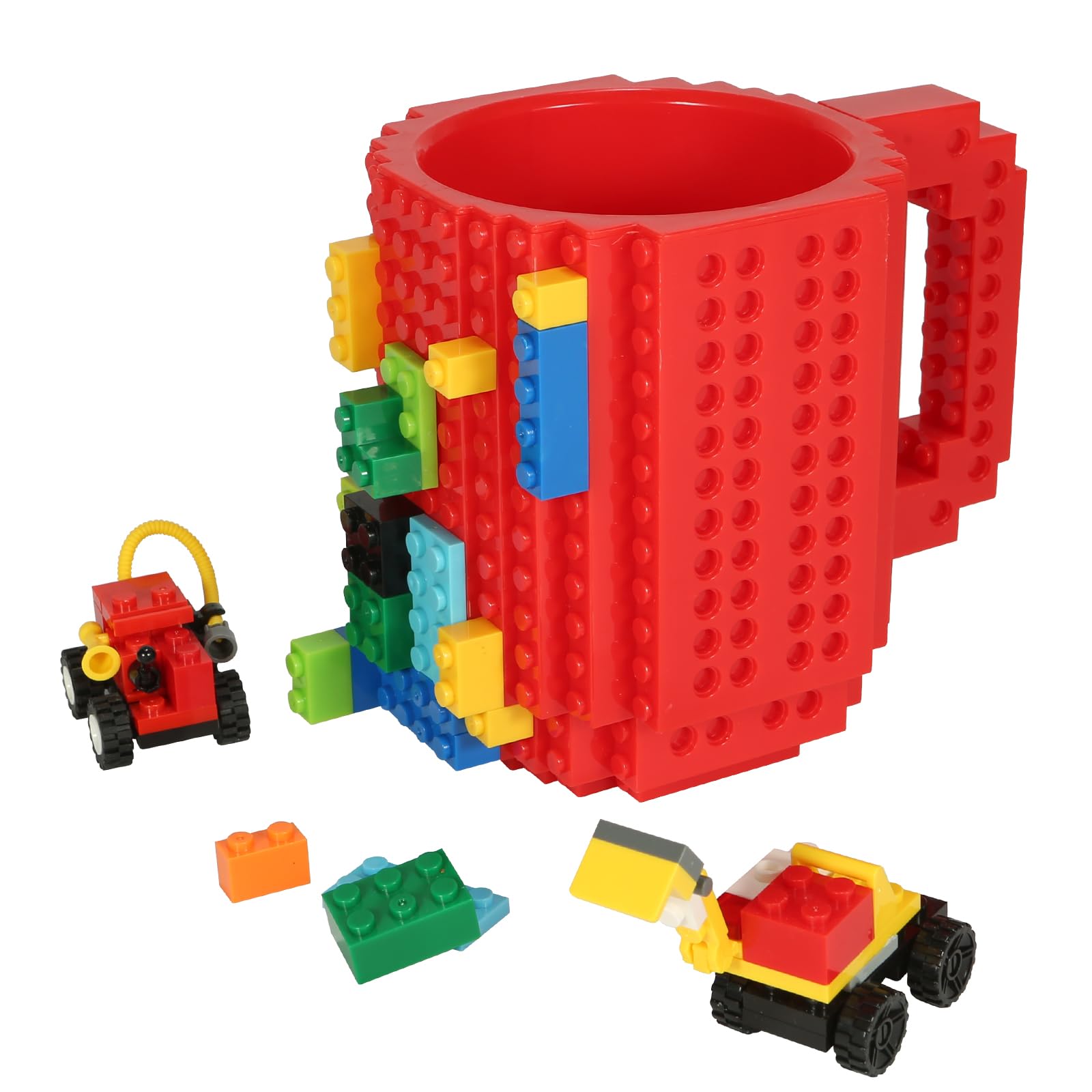 Lumsburry Build-on Brick Coffee Mug, Funny DIY Novelty Cup with Building Blocks Creative Gift for Kids Men Women Xmas Birthday (Red)