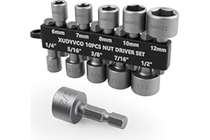 XUDYVCO 10PCS Power Nut Driver Set for Impact Drill, Professional Metric & SAE Nut Drivers Bit Set with Tight Fit Storage Holder, Drill Socket Set with Ridge Design 1/4 Hex Shank for Wide Compability