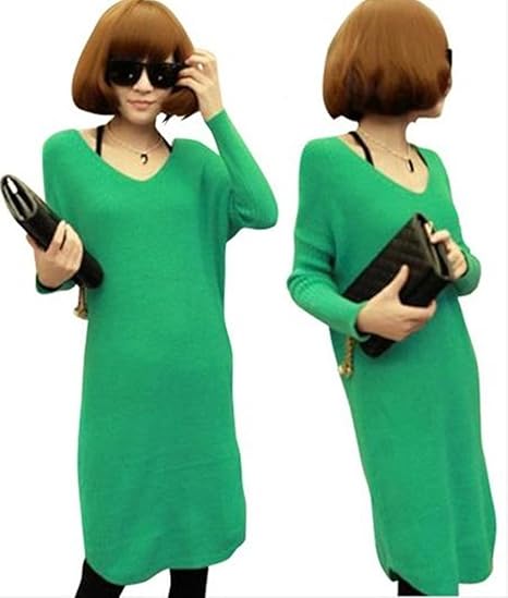 Amazon レディース セーター ワンピース ニット ワンピ チュニック トップス Vネック ロング 丈 冬 グリーン セーター 通販