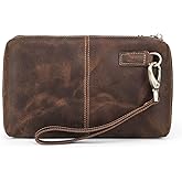 CONTACTS Mens Clutch Bag Leather Wallet, Crazy Horse Leather Vintage Clutch Wallet for Men Travel Wristlet Handbag Card Holder Phone Checkbook Purse