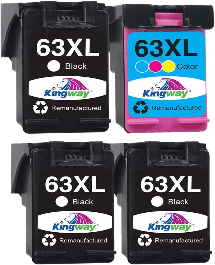 Kingway Remanufactured Ink Cartridge Replacement for HP 63XL 63 XL to use with OfficeJet 3830 Envy 4520 4512 Officejet 4650 5255 Deskjet 1112 3634 3639 3632 Printer (3 Black, 1 Color)