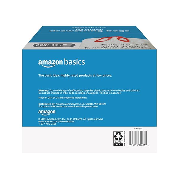 AMAZON BASICS TALL KITCHEN DRAWSTRING TRASH BAGS, STURDY, 13 GALLON, UNSCENTED, 200 COUNT