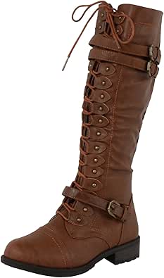 Wild Diva Timberly Women's Fashion Lace Up Buckle Knee High Combat Boots