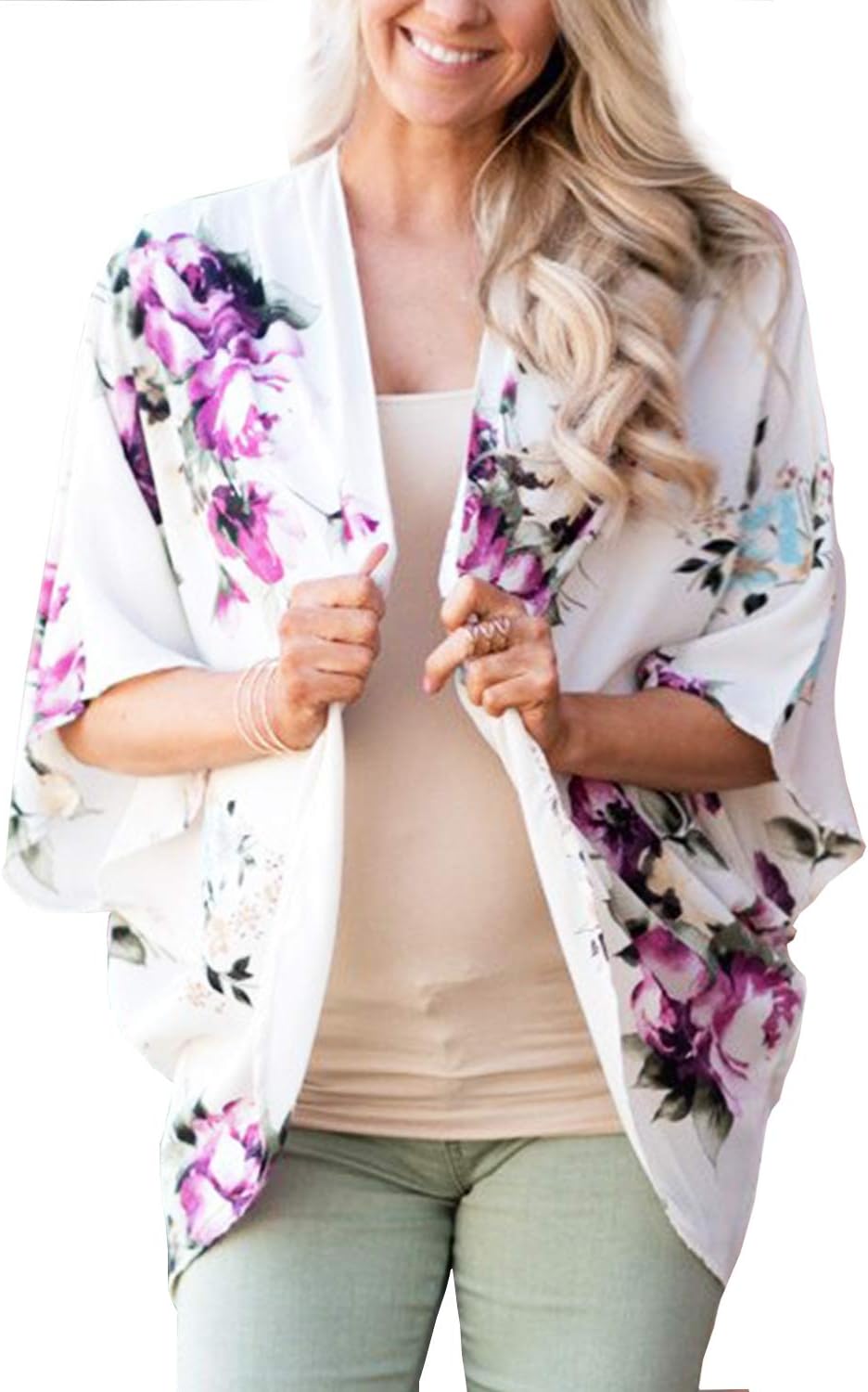 Womens Kimonos Open Front Half Sleeve Lace Patchwork Sheer Chiffon Cardigan Blouse Tops