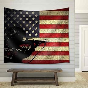a Silhouette of a Soldier on The Grunge American Flag - Fabric Wall Tapestry Home Decor - 51x60 inches
