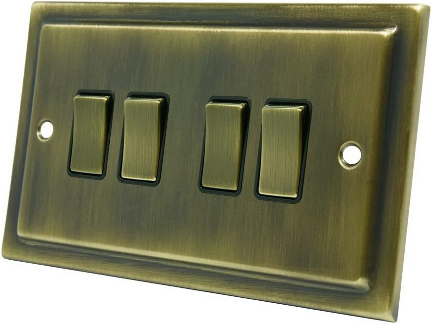 AET VAB4GSWIBB Victorian Antique Brass Switch-10 Amp Quad 4-Gang 2 Way Light Switch, 240 V