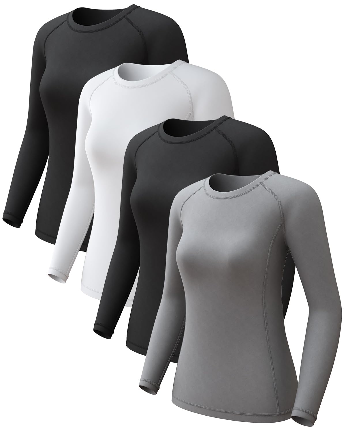 4 Pack Women's Long Sleeve Compression Shirts, Cool Dry Workout Athletic Tops Sun Protection Cooling Shirts for Yoga Running Hiking Gym Black/White/Grey XX-Small Image