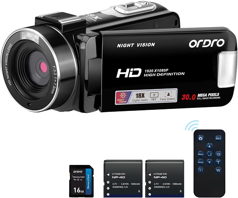 ORDRO B320 1080P Camcorder 18X Zoom 2 Batteries Night Vision 16GB Card