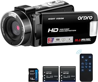 ORDRO B320 1080P Camcorder 18X Zoom 2 Batteries Night Vision 16GB Card