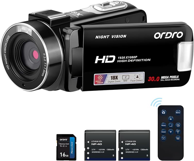 ORDRO B320 1080P Camcorder 18X Zoom 2 Batteries Night Vision 16GB Card