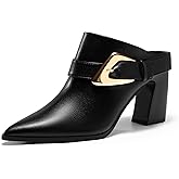 Coutgo Womens Mules Boots Chunky Stacked Heel Pointed Toe Booties Slip On Dress Boot Shoes with Buckle Decoration