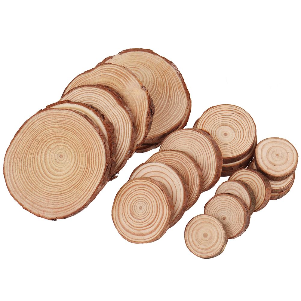 Natural Wood Slices, Tiberham 21 Pcs 3-10 CM Unfinished Wooden Circles Round Rustic Wood with Bark, Solid Log Discs Craft Wood Kit in Assorted Sizes for Arts DIY Crafts Christmas Home Decorations