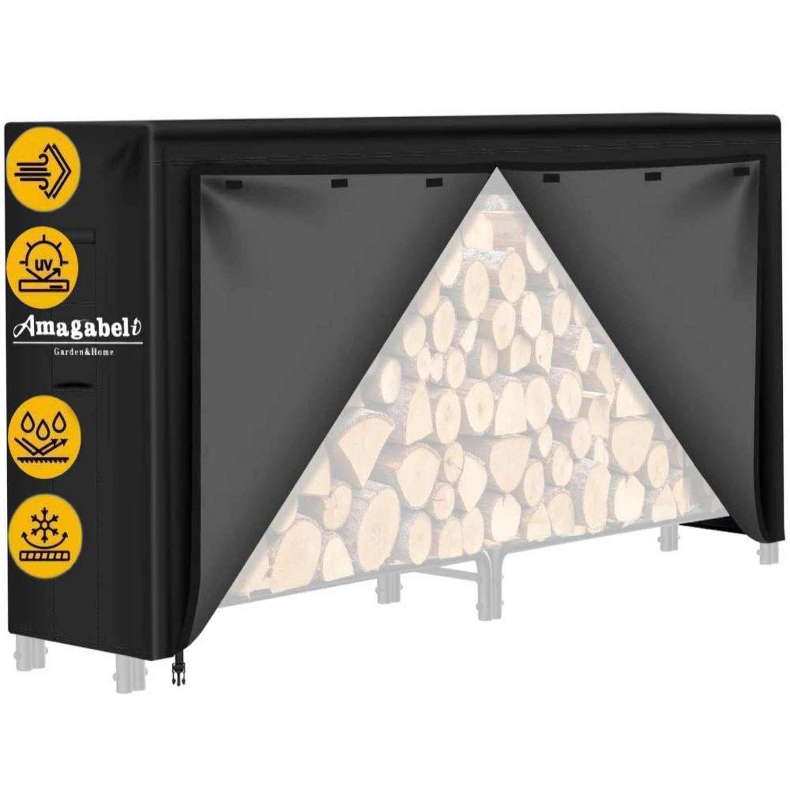 Amagabeli 8ft(244cmx61cmx107cm)Firewood Log Rack Cover Weather Resistant Outdoor Heavy Duty Waterproof 600D Oxford Fabric Fireplace Logs Holder Covering Fire Wood Storage Covers with PVC Backing Black