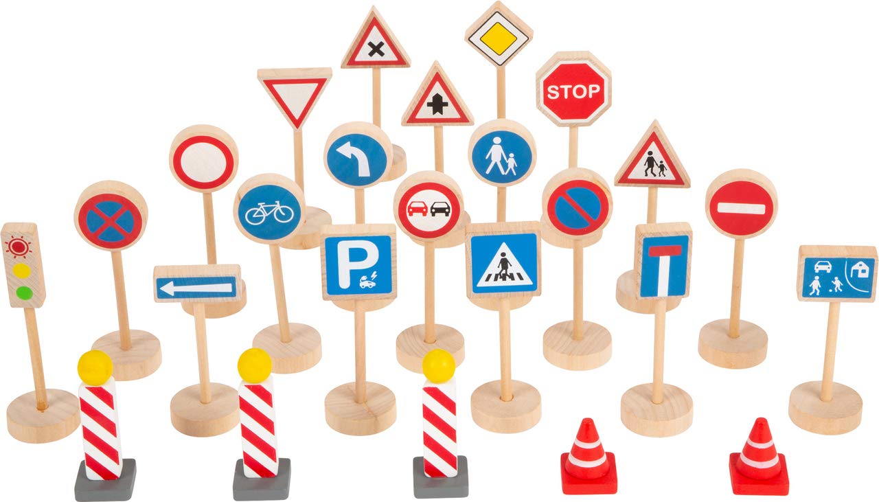 Small Foot Traffic Signs Set made of wood, accessory set for wooden vehicles & train sets, for kids aged 3+ years, 11736, Rot