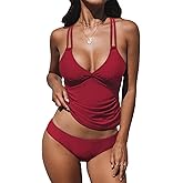 CUPSHE Women's Tankini Sets Two Piece Swimsuit V Neck Crisscross Adjustable Double Straps Ruched Mid Rise