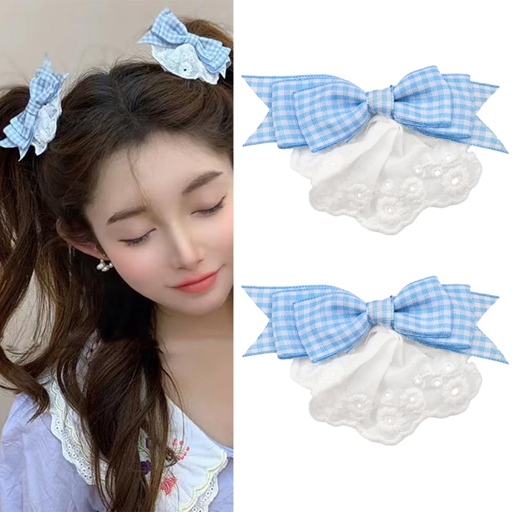Blue Check Bows Hair Clips for Women Girls Lace Trimmed Bowknot Hair Clips for Teen Girls Metal Barrette Hair Clips for Daughter Hair Accessories for Women Girls Hairpin Hairclip 2Pcs