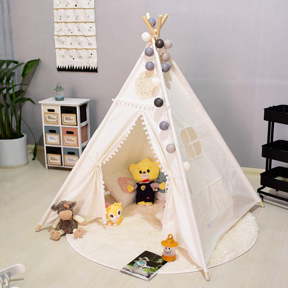 Triclicks Kids Teepee Play Tent Indian Children Wigwam Tipi Play House - 100% Cotton Canvas Portable Princess Girls Tent for Indoor and Outdoor (White Style C, 120x120x150cm)