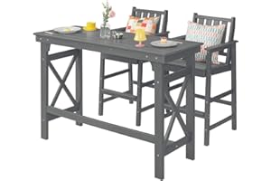 SEEHILL 3 Pieces HDPE Outdoor Patio Bar Set, Rectangular Bar Height Table and Chairs Set, Patio Bar Stools Set, HDPE Outdoor Bar Table and Chairs Set for Balcony, Poolside, Porch, Smoke Gray