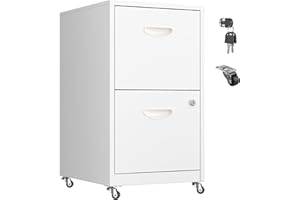 METALMAX 2 Drawer Mobile File Cabinet with Lock, Metal Filing Cabinets with Wheels, White Rolling Storage Cabinet, Under Desk Vertical File Cabinet for Home Office, Lockable Steel Two Drawer for Letter Size