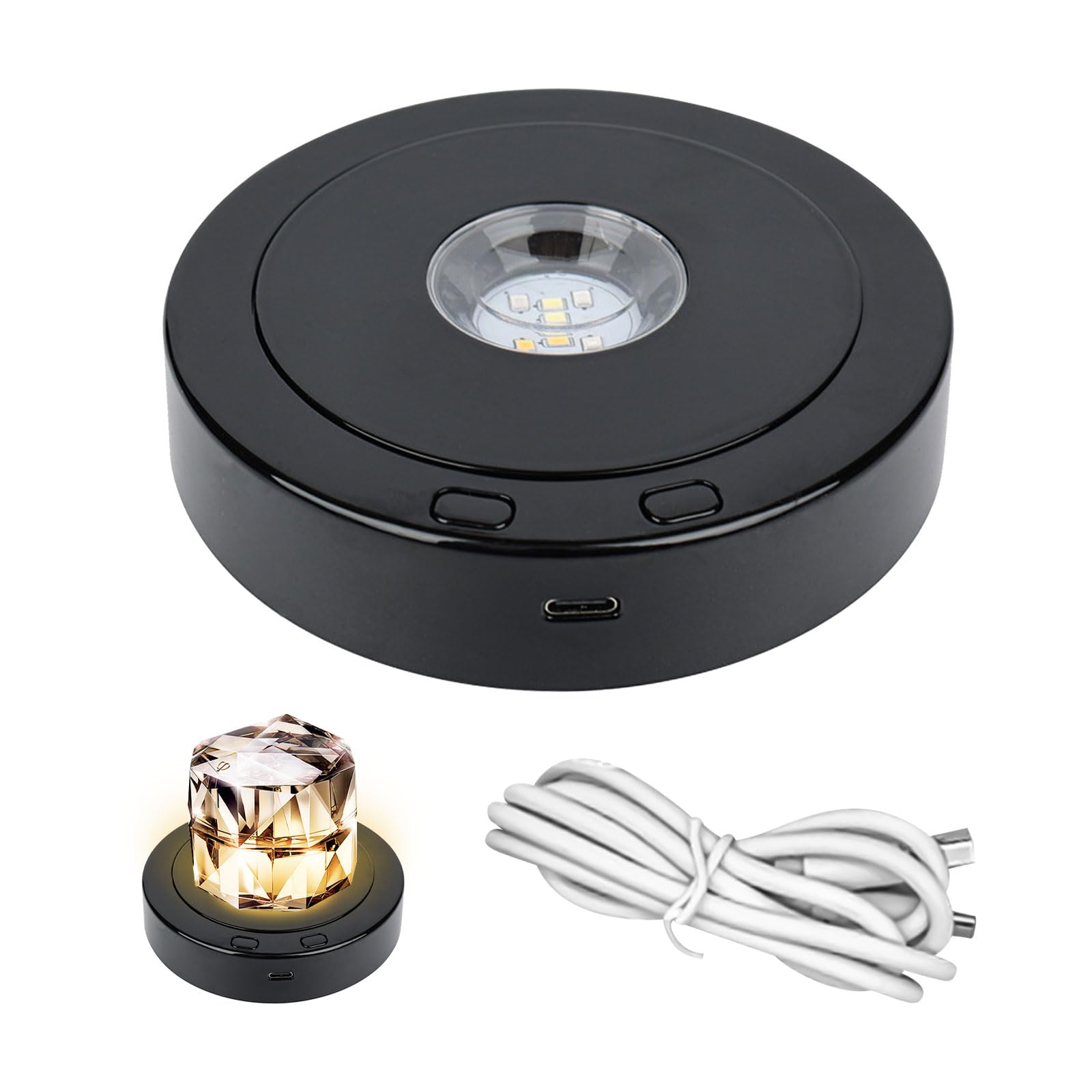 JOJOCY Black Rotatable Round LED Light Base, 4 Revolving & 8 Light Modes Display Stand, Multiple Led Color Rotating Display Base for Crystal Statues Glass Ball Glass Art
