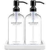 Vine Creations Glass Soap Dispenser Set, Kitchen Soap Dispenser Set with Ceramic Tray, 16 oz Dish Soap and Hand Soap Dispensers with Stainless Steel Pump Decor (Clear Bottle/Matte Black)