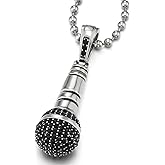 COOLSTEELANDBEYOND Mens Stainless Steel Microphone Pendant Necklace with Black Cubic Zirconia Pave, Artistic Music Theme Jewelry Gift