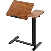 DUMOS Adjustable Bedside Overbed Table with Wheels, Brown | Laptop Standing Desk with Tilting Top Height, Mobile Rolling Computer Cart for Hospital Home Bedroom Use