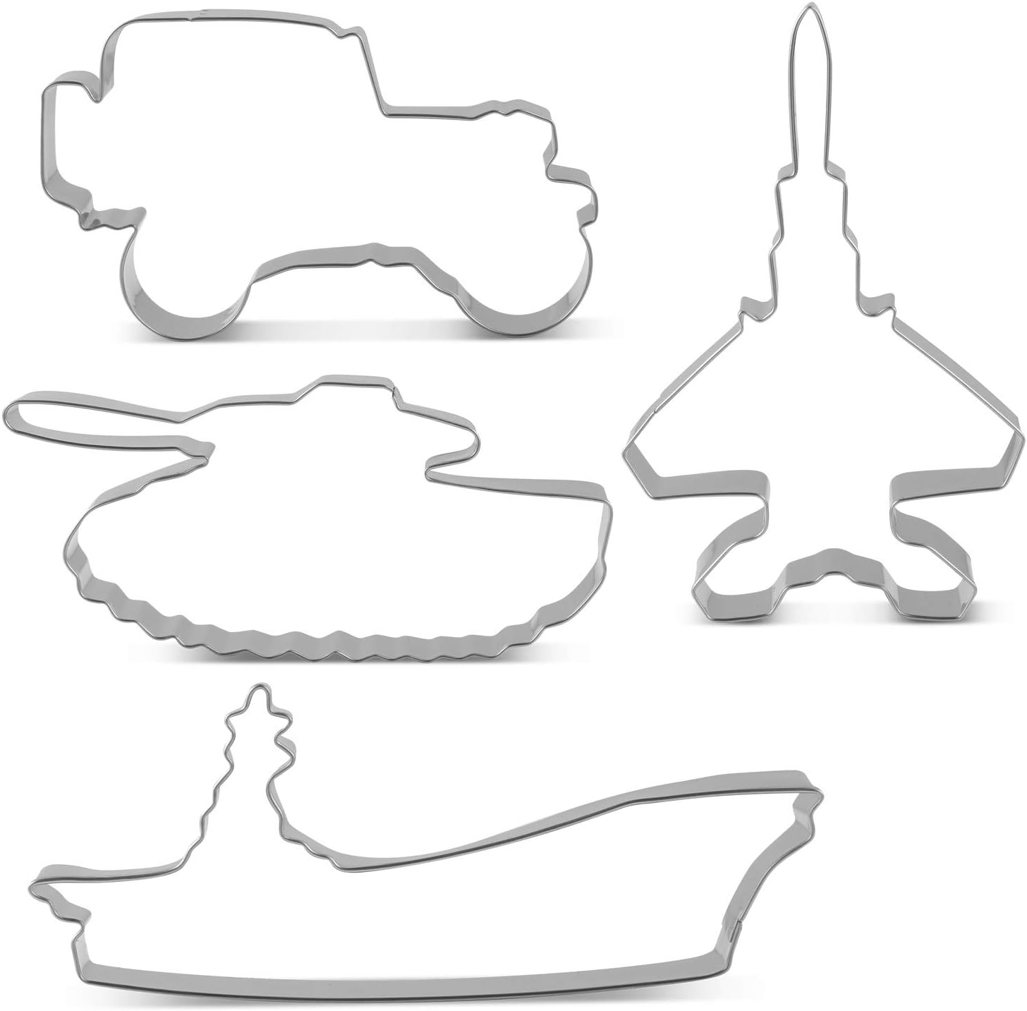KENIAO Military Themed Cookie Cutter Set - 4 Piece - Truck, Jet, Tank and Aircraft Carrier Fondant Biscuit Cutters - Stainless Steel