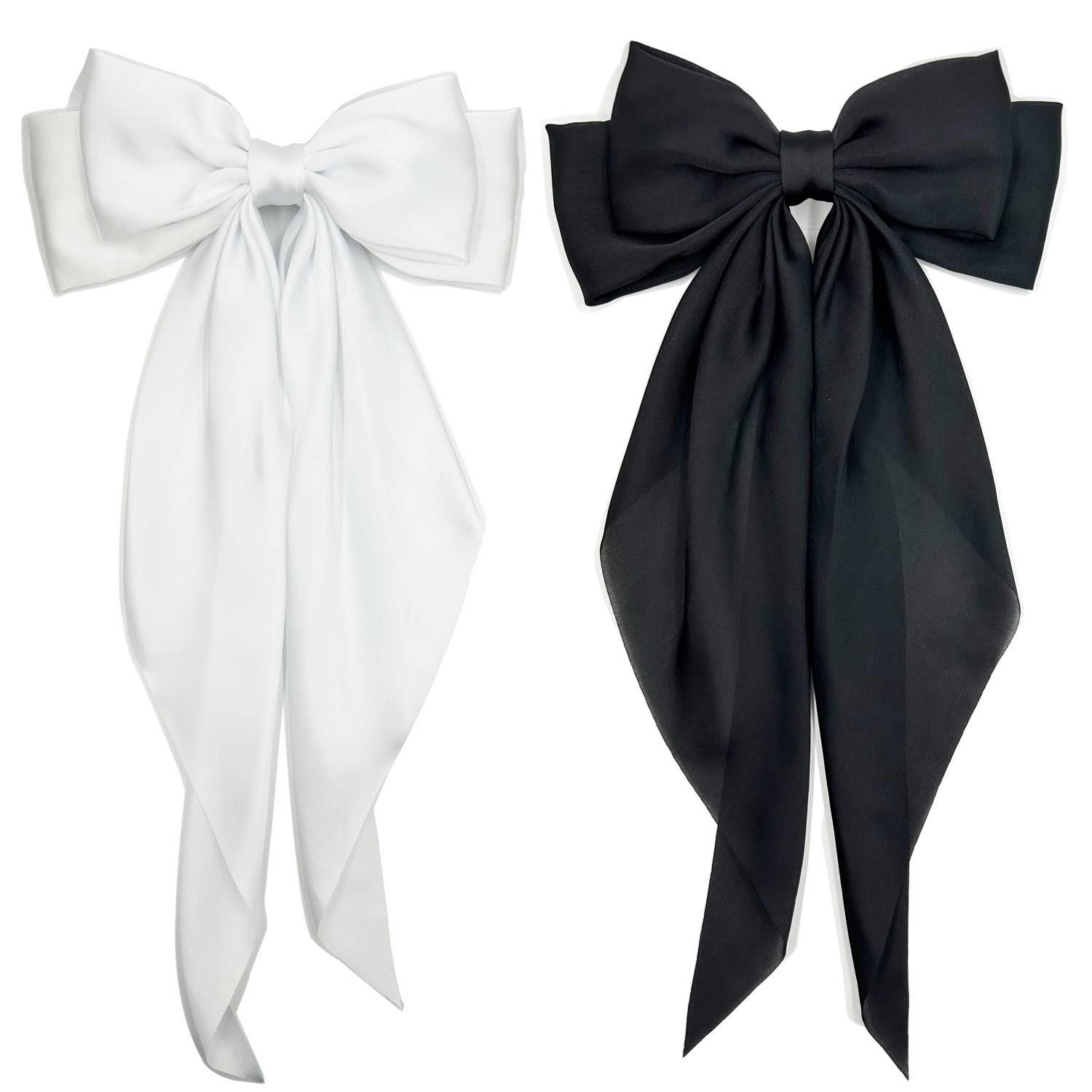 Satin Hair Barrettes Clip for Women Large Bow Hair Slides Metal Clips French Barrette Bowknot with Long Tail Silk Hair Bow Hairpin 90's Hair Accessories (White,Black)