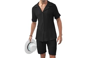 KUYIGO Men's 2 Pieces Beach Outfit Cotton Set Short Sleeve Button Down Shirts Beach Shorts Summer Casual Outfits