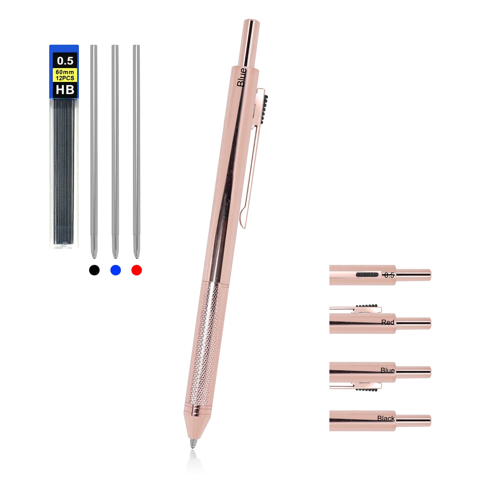 Photo 1 of YOUMI Multicolor pen 4 in 1 Multifunction Pen with Metal Cased 0.5mm Mechanical Pencil Red Ballpoint Pen Blue BallpointPen and Black Ballpoint Pen Gift for Journaling (Rose gold)