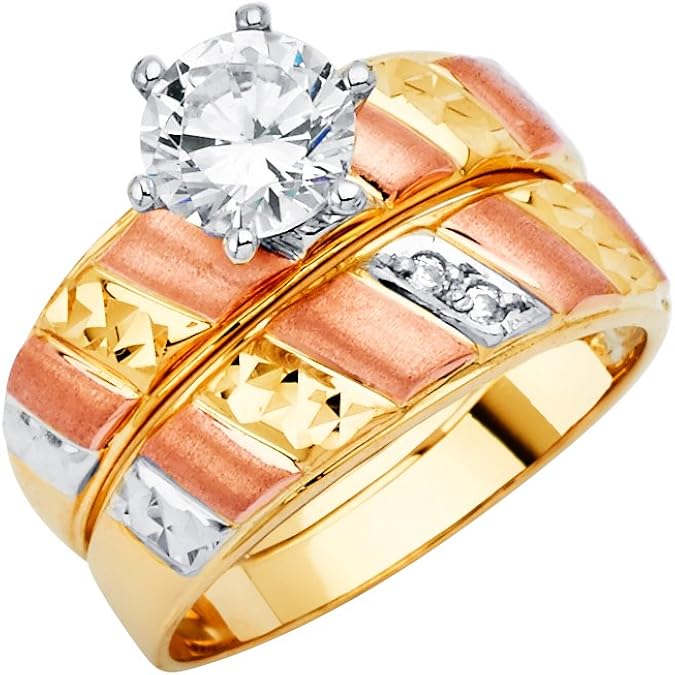 GoldenMine Ladies 14K Tri Color Gold CZ Bridal Set Size 4