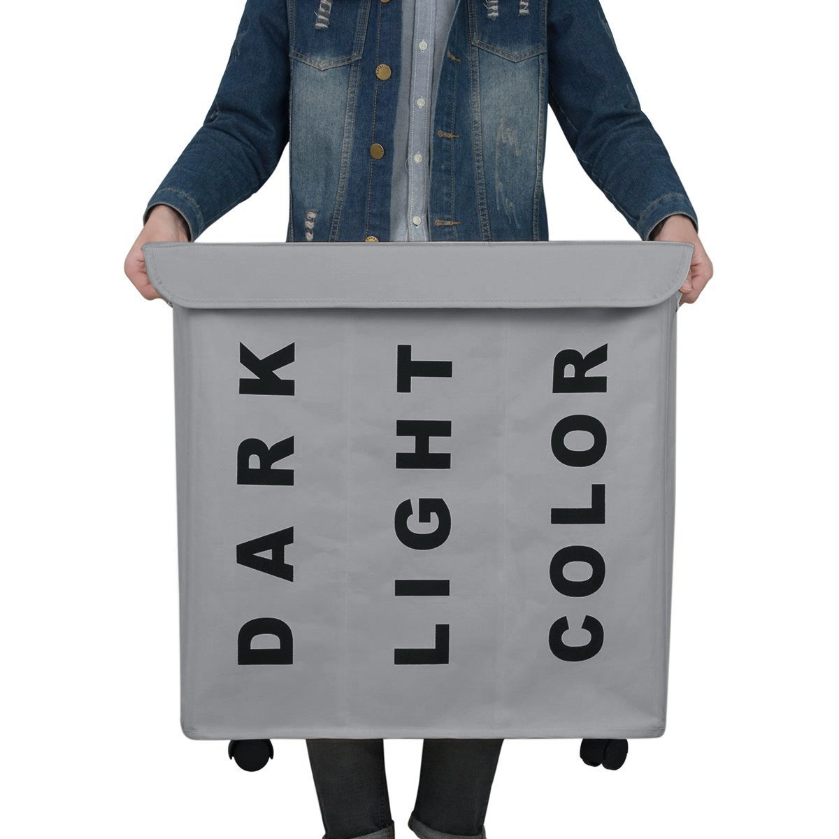 WOWLIVE 3 Section Laundry Hamper Lid Rolling Laundry Basket Wheels Laundry Sorter Removable Dividers Waterproof Durable Dirty Clothes Organizer Storage Bin (Gray)