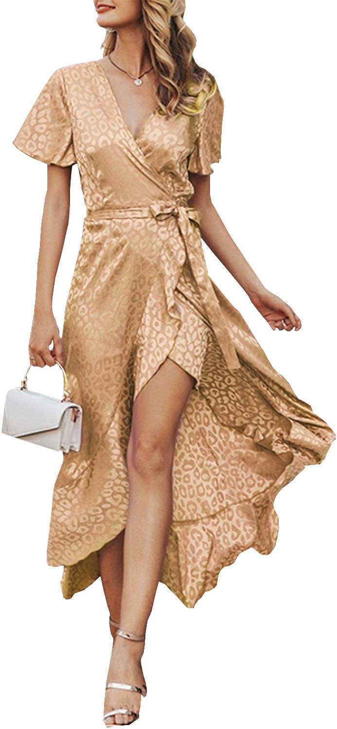 Zandiceno Women's Elegant V Neck Satin Dress Leopard Print Wrap Split Long Dress