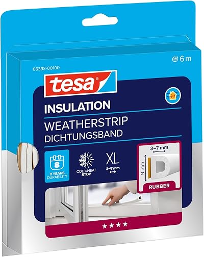 tesa Weatherstrip Rubber XL Self-Adhesive Seal White 6m x 9mm x 7mm