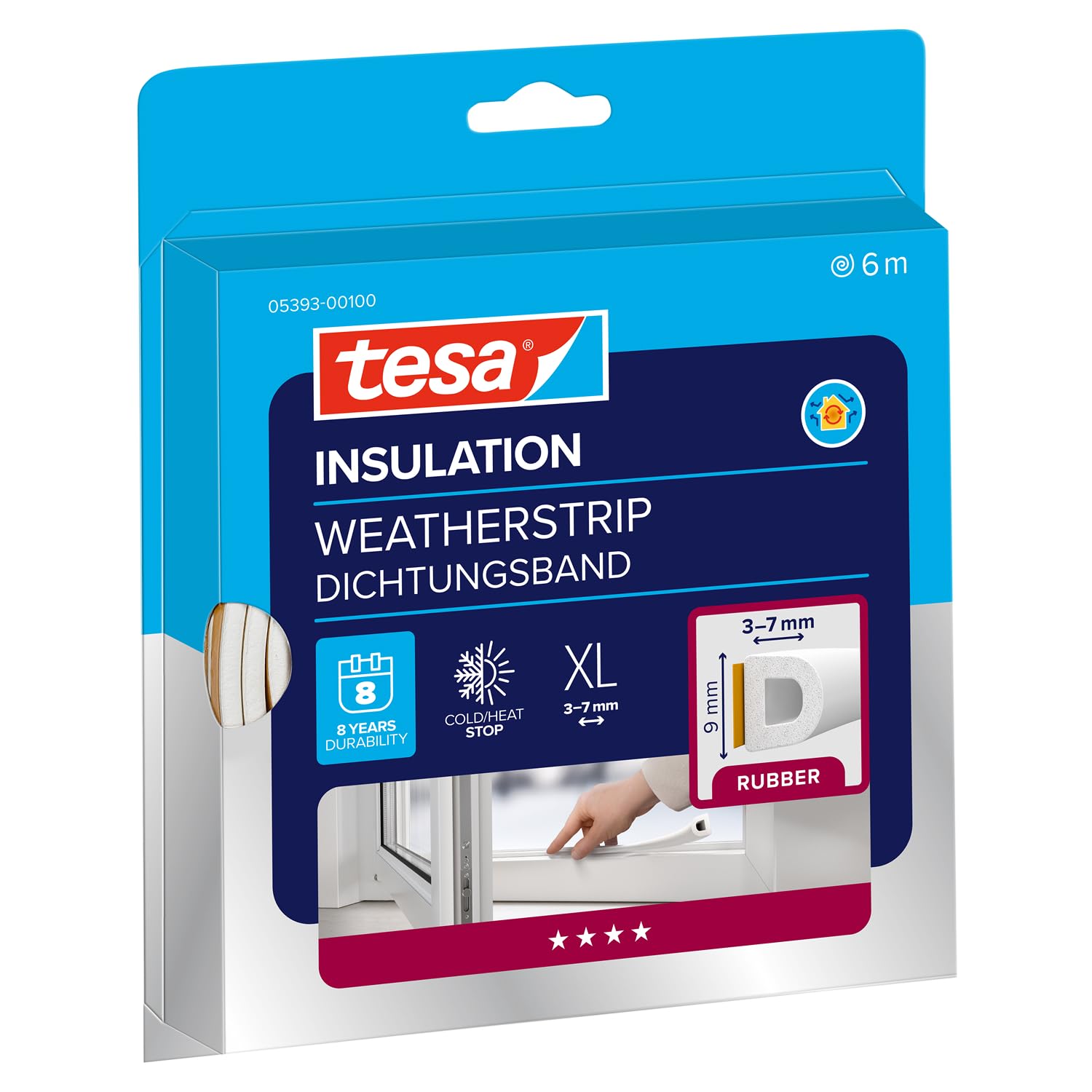 tesa INSULATION Weatherstrip Rubber XL - Rubber Seal - Self-adhesive Seal for Insulating gaps on windows and doors - White - 6 m x 9 mm x 7 mm