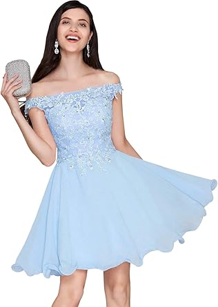blue off the shoulder homecoming dress