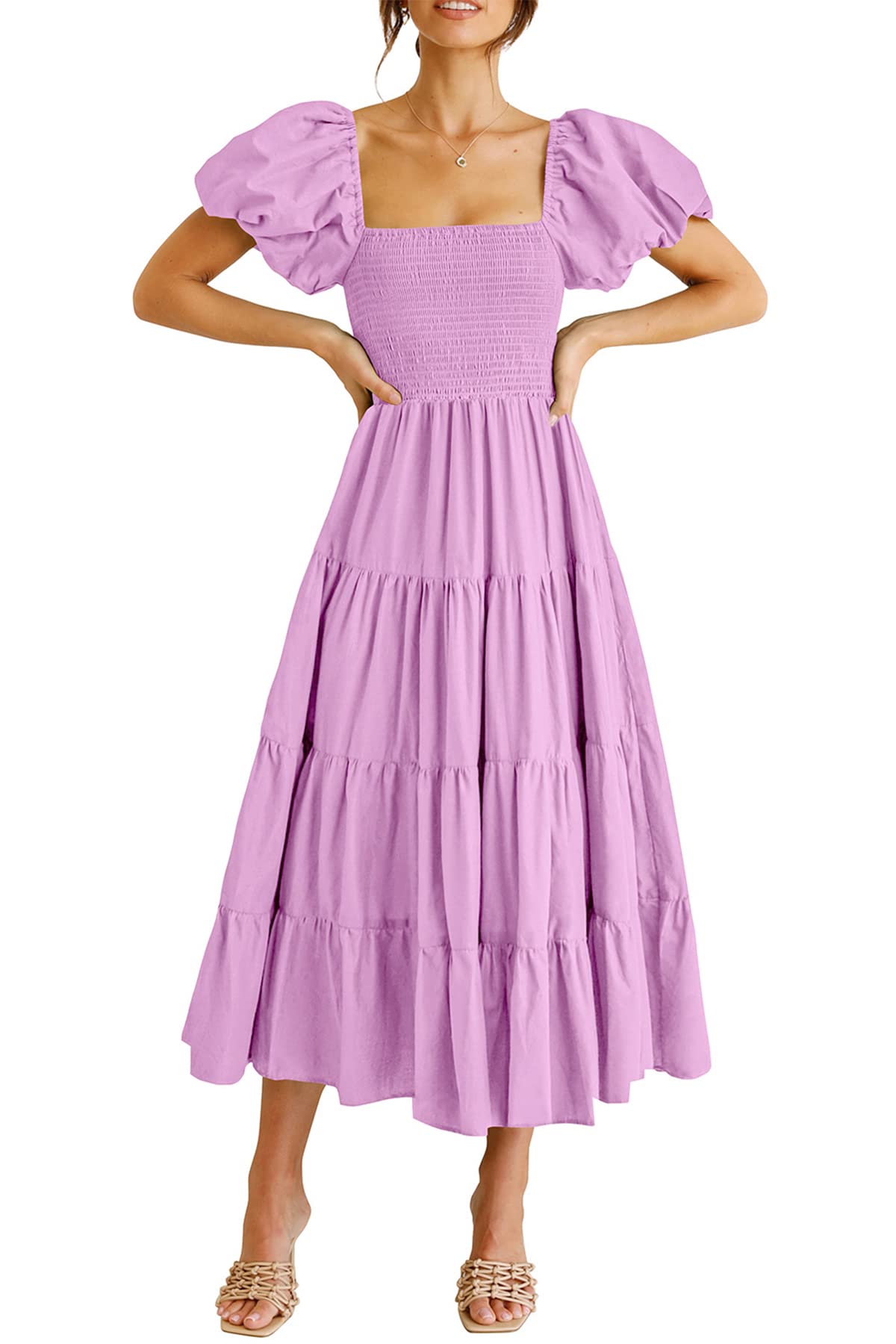 Photo 1 of PRETTYGARDEN Women's Casual Summer Midi Dress Puffy Short Sleeve Square Neck Smocked Tiered Ruffle Dresses (Light Purple,Small)