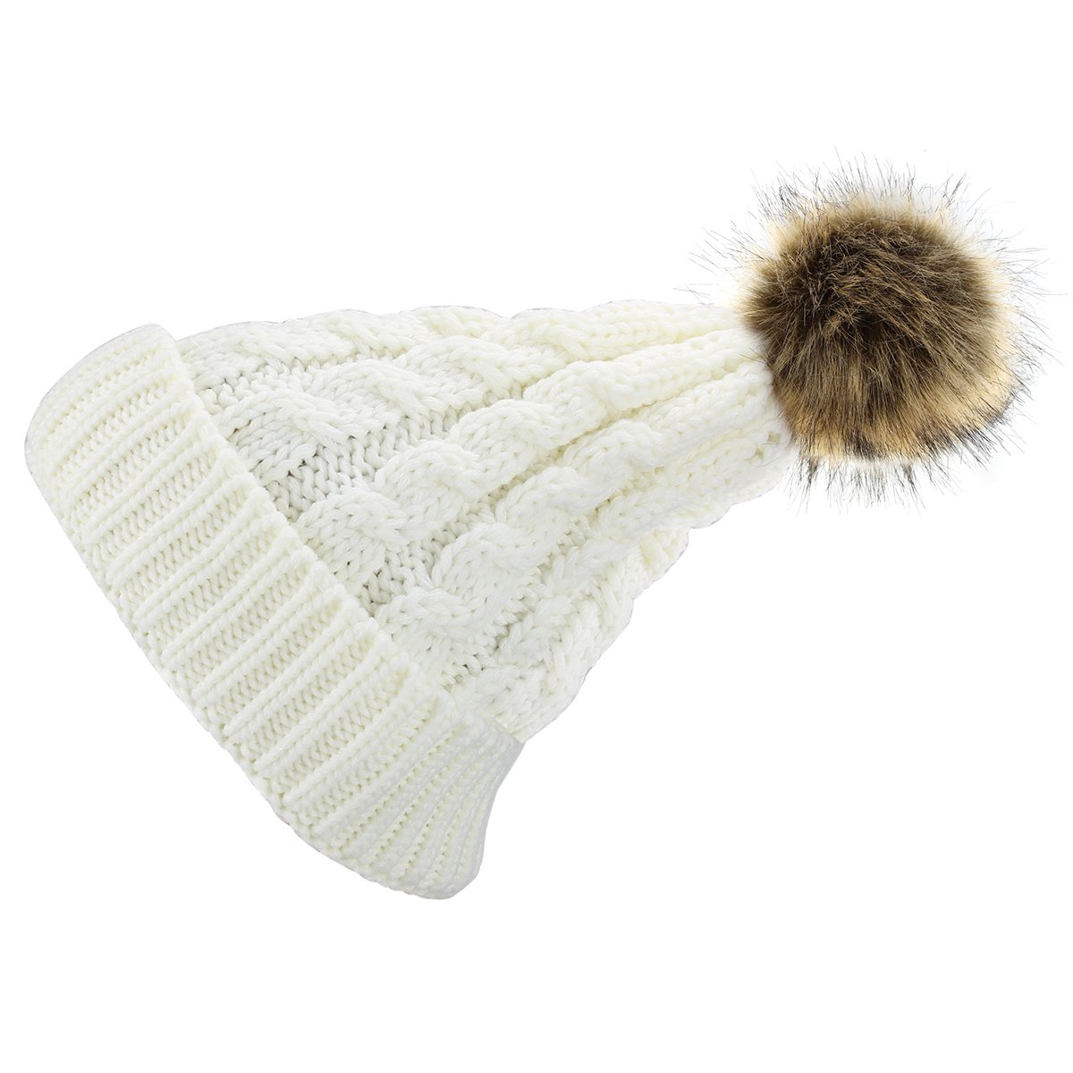 2 Pack Womens Knitted Chunky Beanie Faux Fur Pom Pom Beanie