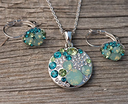 [Presented by Miss New York] Leafael "Ocean Bubble" Made with Swarovski Crystals Multi-stone Green & Opal Color Pendant Necklace Earrings Jewelry Set, Silver-tone, 18 + 2", Nickel/Lead Free, Gift Box - Thumbnail 2