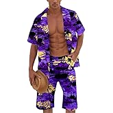 Cromoncent Men's Hawaiian 2 Piece Sets Short Sleeve Button Down Shirts and Shorts Printed Vacation Outfits
