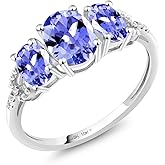 Gem Stone King 10K White Gold Blue Tanzanite and Diamond Accent 3-Stone Engagement Ring for Women | 1.67 Cttw | Oval 7X5MM and 6X4MM | Gemstone Birthstone