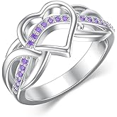EUSJ Celtic Knot Heart Rings with Amethyst Birthstone 925 Sterling Silver Twisted Infinity Statement Ring for Women