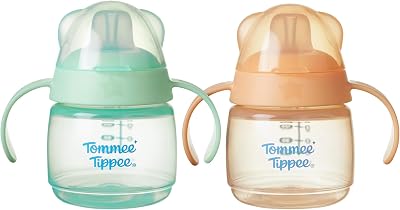 tasse à bec de transition, 150ml, anti-fuite pour nourrissons à partir de 4 mois, dotée d’un bec à sensation naturelle, résistant aux mordillements, Vert et Orange, x 2