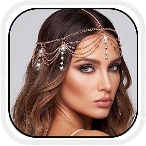 BARTOSI Gold Headpiece Boho Rhinestone Head Chain Accessories for Women | Boho Head Chain Gold Forehead Headband Layered Wedd