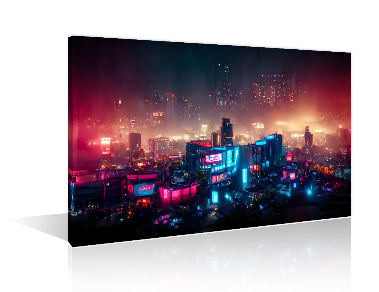 1 Piece Wall Decor Cyberpunk City Night Neon Streetview Artwork Canvas Paintings for Bedroom, Bathroom, Office. Cyberpunk Style Artwork Black and White Wall Art Framed Ready to Hang (16" Wx24 H)