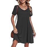 AUSELILY Tshirt Dress Women Swing Floral Short Sleeve V Neck Vacation Beach Mini Dress with Pockets