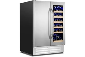 Velieta Wine and Beverage Refrigerator,24 Inch Dual Zone Wine Beverage Cooler, Built-in/Freestanding Beer and Wine Fridge with a Powerful Compressor, 20 Bottles and 88 Cans Capacity