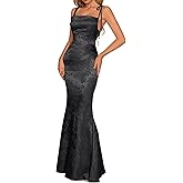 GLNEGE Women's Satin Bodycon Maxi Dress Elegant Formal Spaghetti Strap Cowl Neck Evening Party Dresses