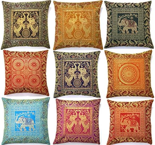 Manglam arts10 Pcs Elephant Embroidery Banarsi Silk Pillow Cover, Indian Home Decor Silk Cushion Cover